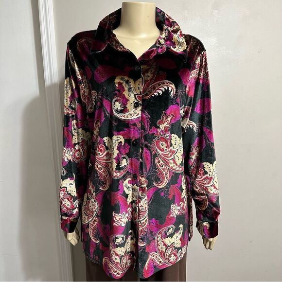 Vintage Y2K Denim & Co Floral Paisley Button Up Velvet Top Size 1X Whimigoth - Picture 7 of 10